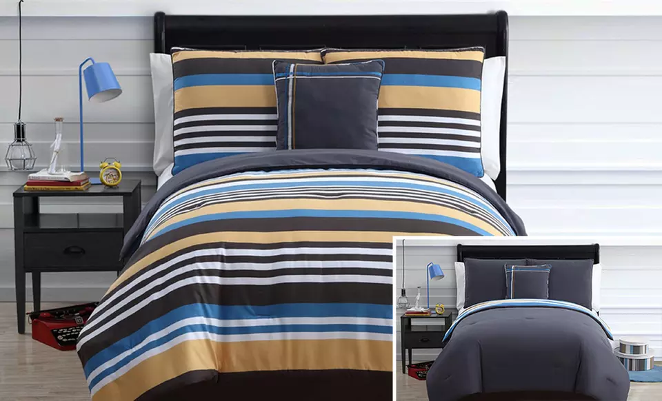 Stripes to Solid Reversible Cotton Comforter Set - Primary Image