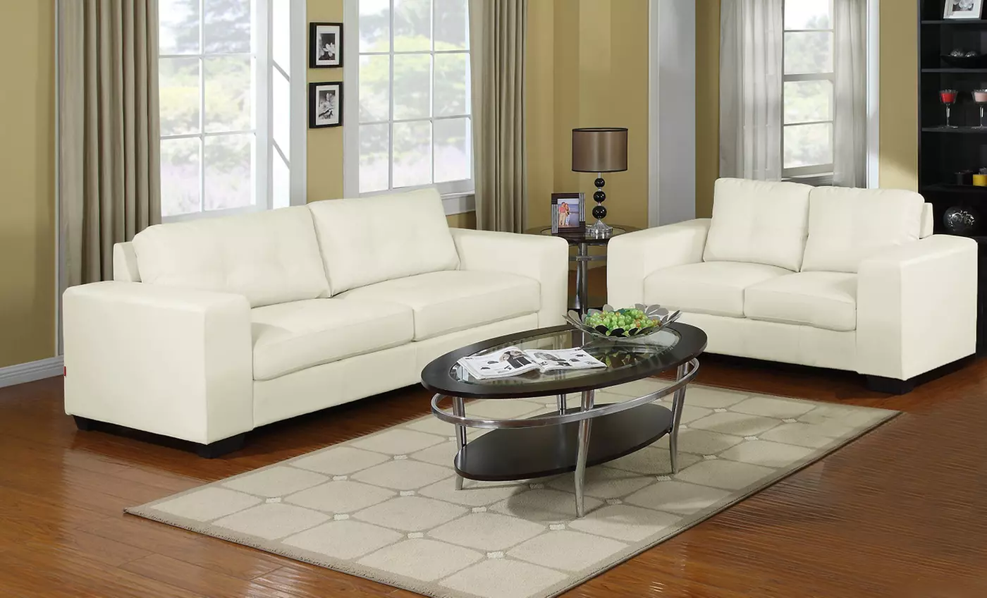 Modern Ivory Leather Sofa and Loveseat Set - Primary Image