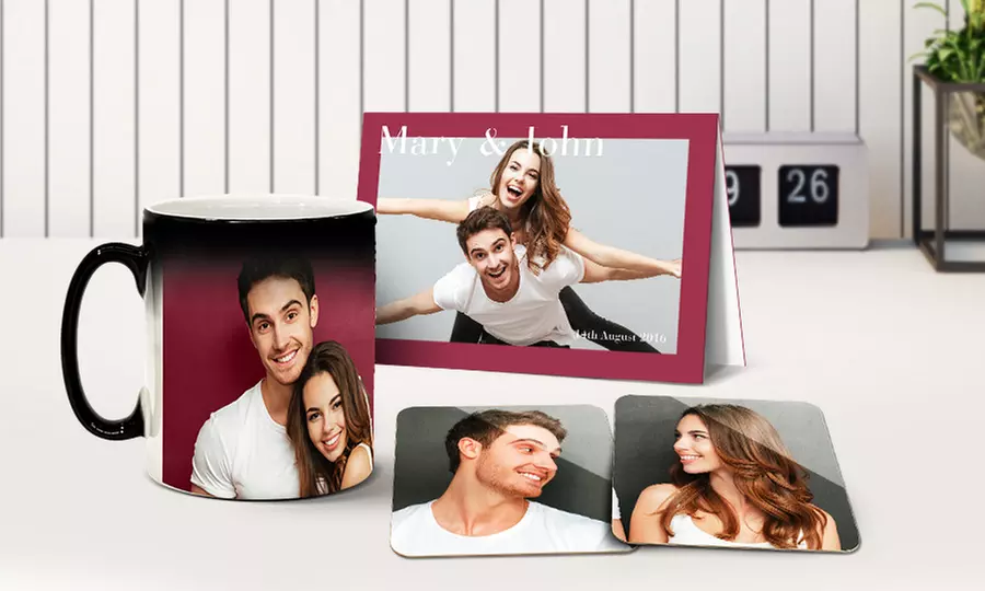 Personalized Magic Mug, Two Personalized Coasters, and Personalized Card from Printerpix - Primary Image