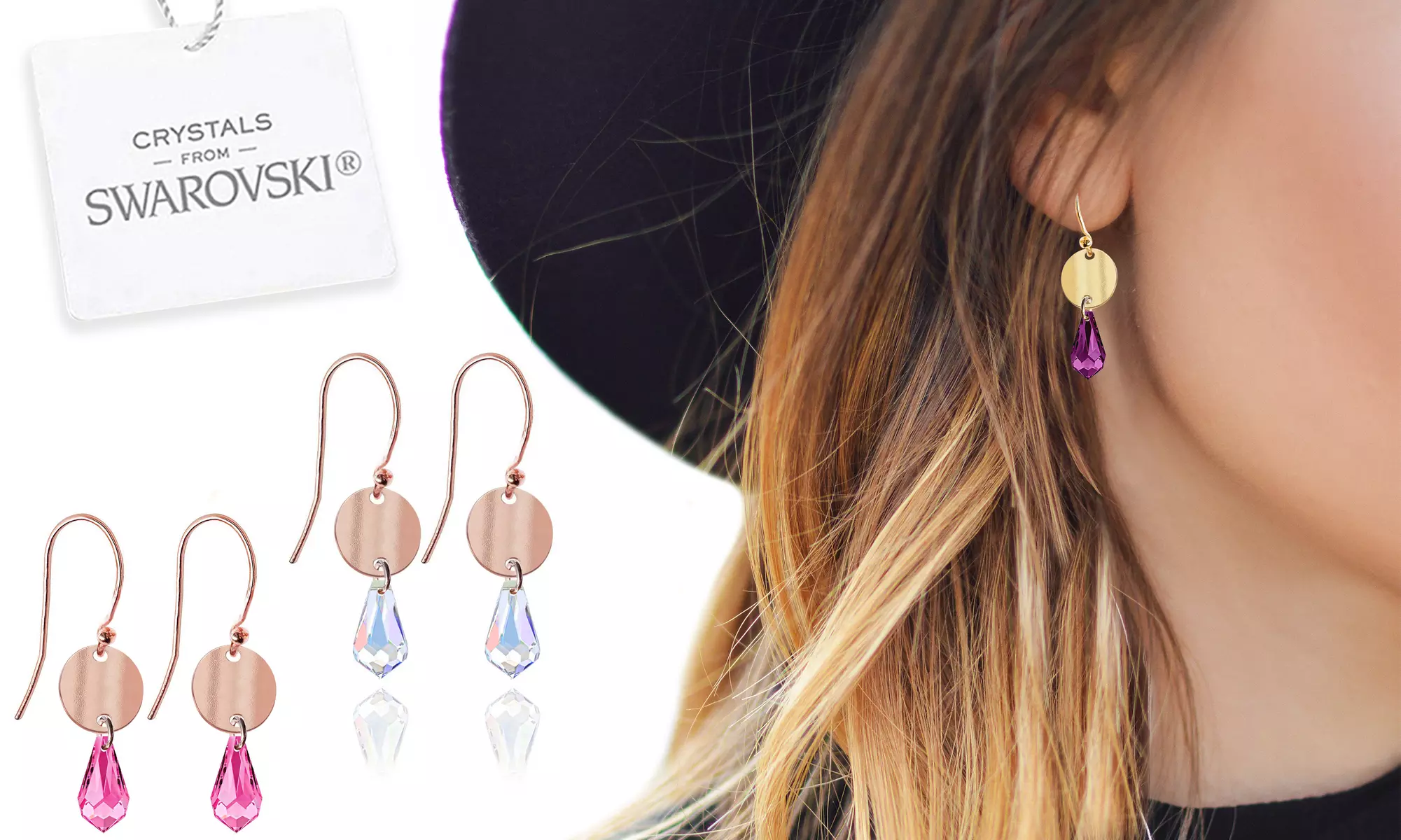 1, 2 ou 3 paires de boucles d'oreilles en argent sterling avec pendentif ornées de cristaux Swarovski®, Ah! Jewellery - Primary Image