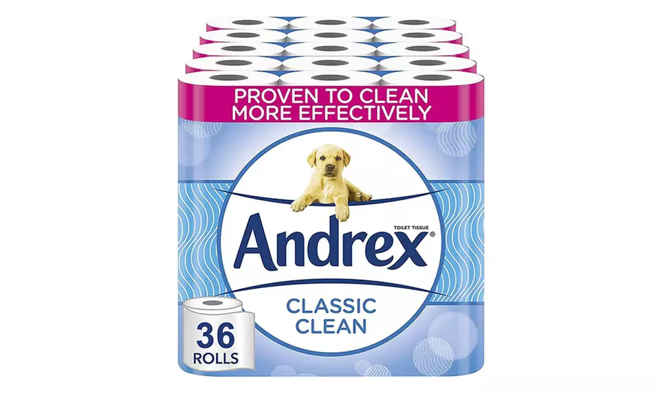 36 or 72 Andrex Classic Clean Fragrance-Free Two-Ply Toilet Rolls