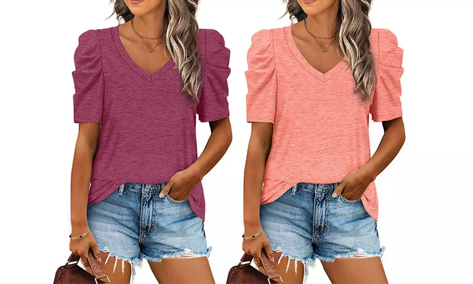 Lang T-shirt met V-hals en pofmouwen