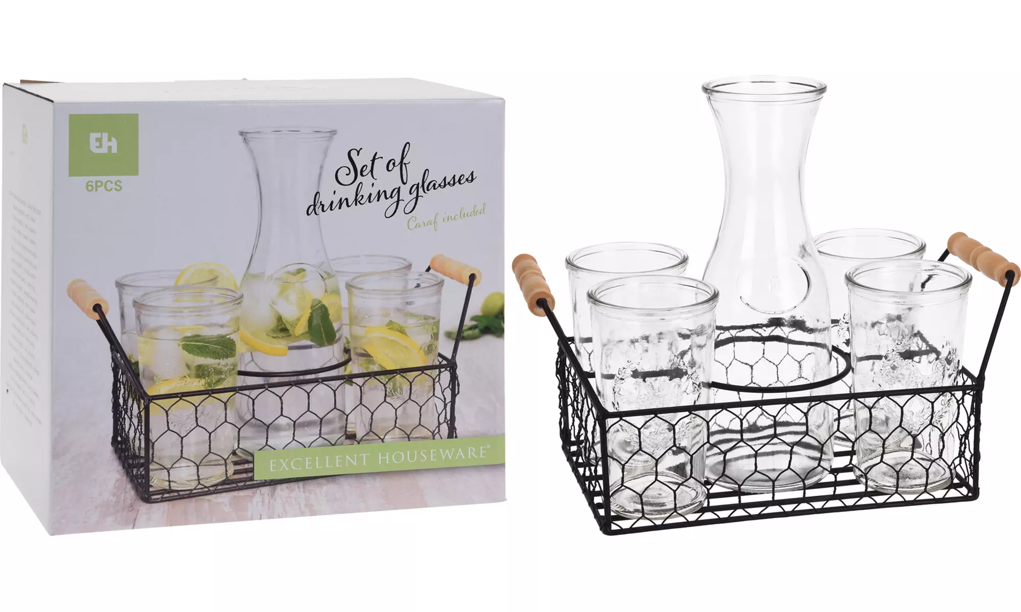 Set con 4 bicchieri di vetro, 1 caraffa da 1 L e 1 vassoio - Primary Image