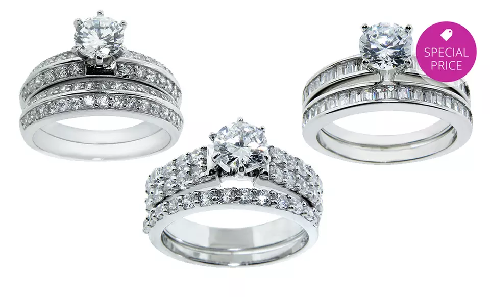 2-Piece Sterling Silver and Cubic Zirconia Wedding-Ring Sets. Multiple Styles Available. - Primary Image