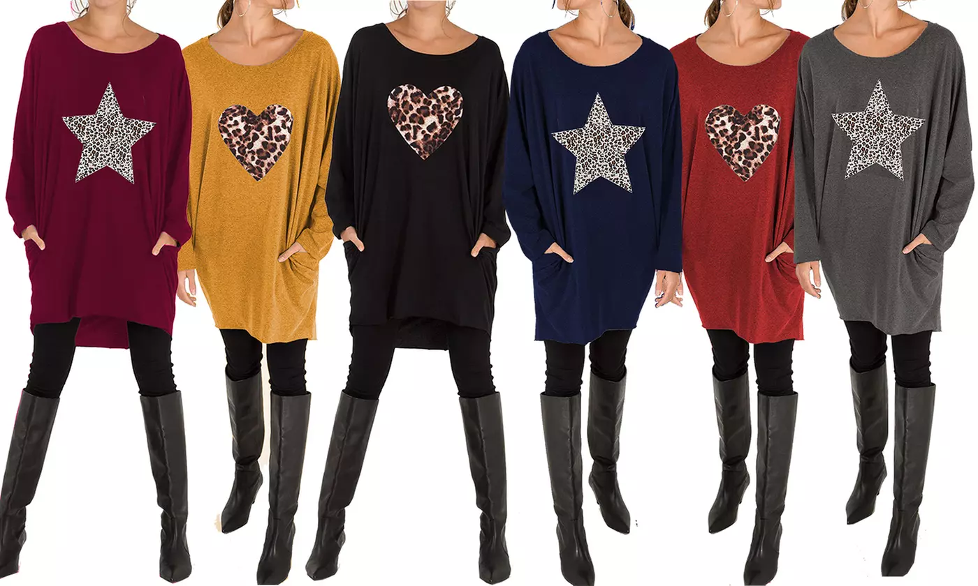 Women's Heart or Star Leopard Motif Print Oversized Top - Primary Image