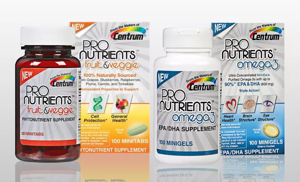 $19 for Two Bottles of Centrum ProNutrients Omega-3 or Fruit & Veggie Antioxidant supplement (Up to Half Off). Free Shipping. - Primary Image