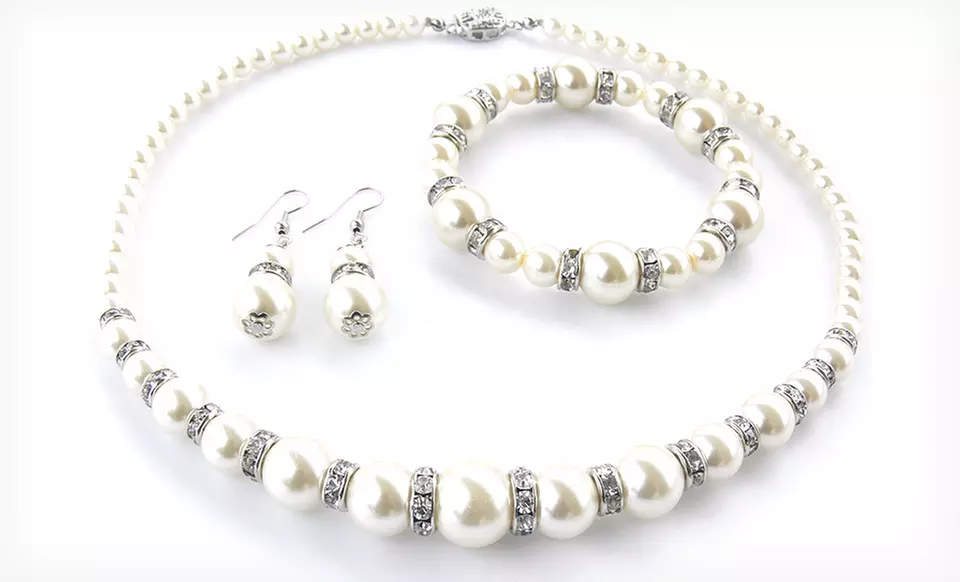 3-Piece Swarovski Elements and Pearl Necklace, Bracelet, and Earrings Set. Free Returns. - Primary Image