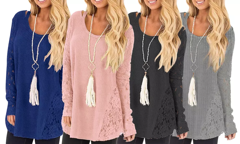 Top coton empiècements dentelle manches longues, modèle Laura - Primary Image