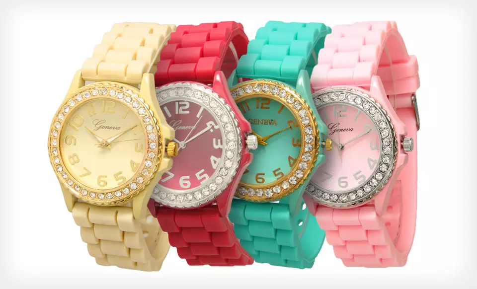 $4.99 for a Geneva Women's Crystal-Embellished Silicone Watch ($19.99 List Price). 23 Colors Available. Free Returns. - Primary Image
