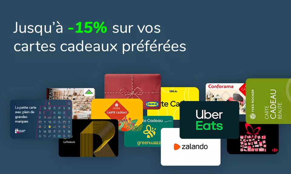 Jusqu'à 15% de remise sur les cartes cadeaux de près de 80 enseignes, avec Ma Carte Cadeau, c'est l'idée cadeau idéale - Primary Image
