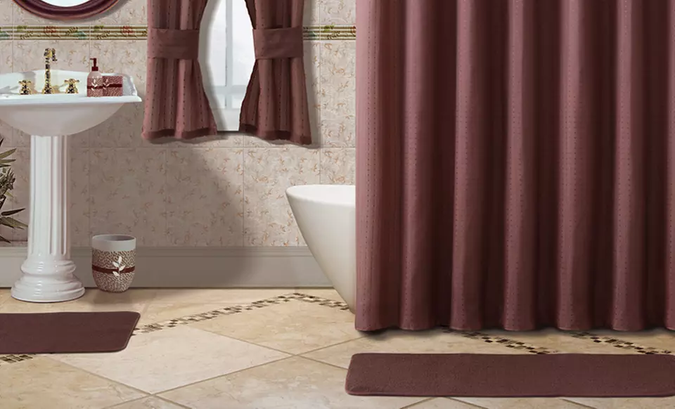 15-Piece Bath Set and 2 Bonus Window Curtains in Blue or Chocolate. Free Returns. - Primary Image