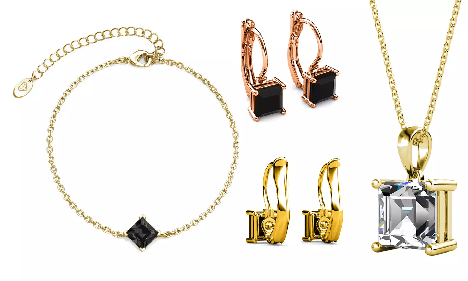 1, 2 ou 3 bijoux avec cristal carré parmi collier, bracelet et boucles d'oreilles - Primary Image