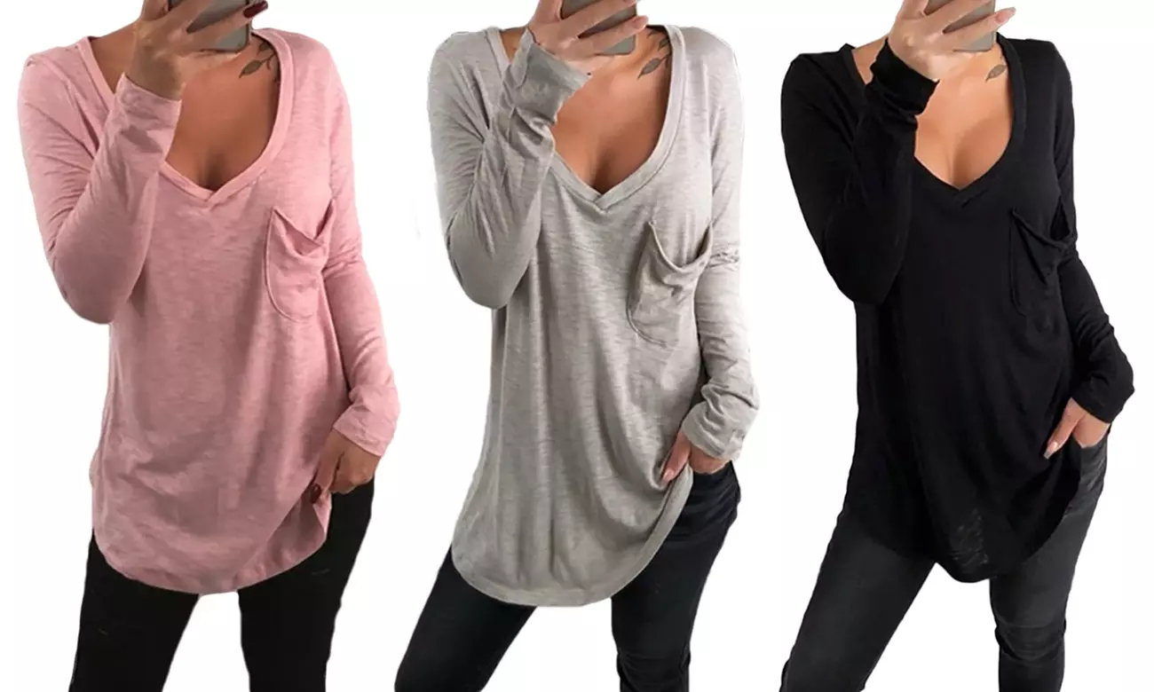 V-Neck Long Sleeve Loose Top - Primary Image