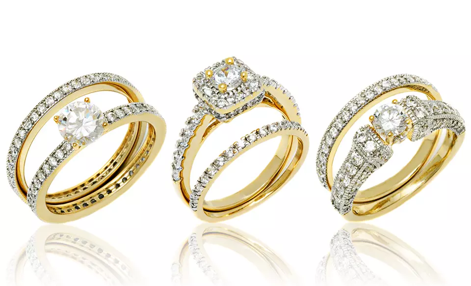 18K Gold-Plated Cubic Zirconia Band and Ring Sets - Primary Image