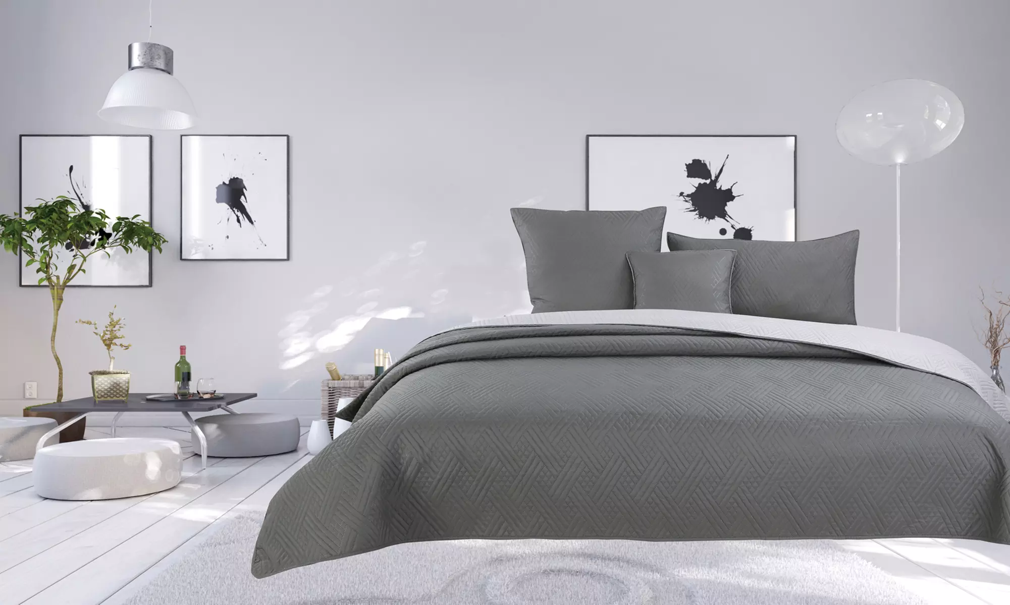 Couvre lit Boutis de 4 ou 7 pièces bicolore piquage carreaux - Primary Image