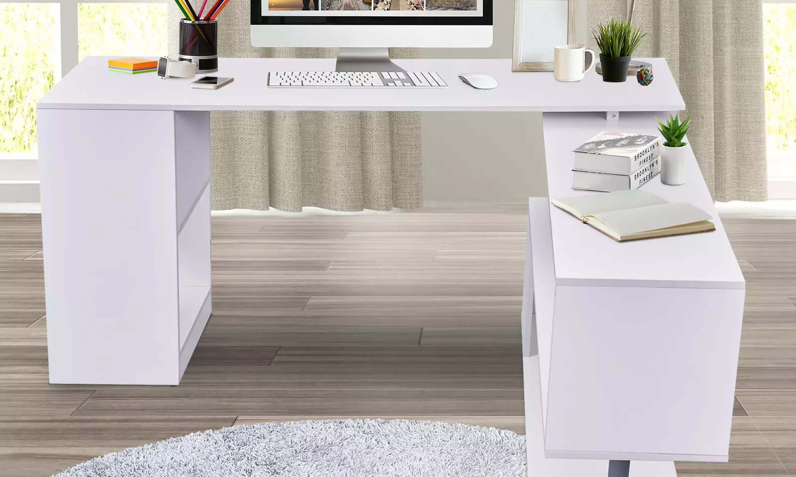 Homcom L-Shaped Desk with 360° Rotating Storage Shelves