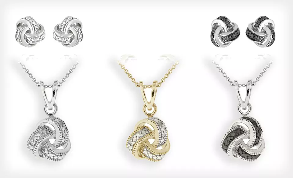 Black- or White-Diamond-Accented Love-Knot Earrings, Necklace, or Gold-Plated Necklace (Up to 85% Off). Free Returns. - Primary Image