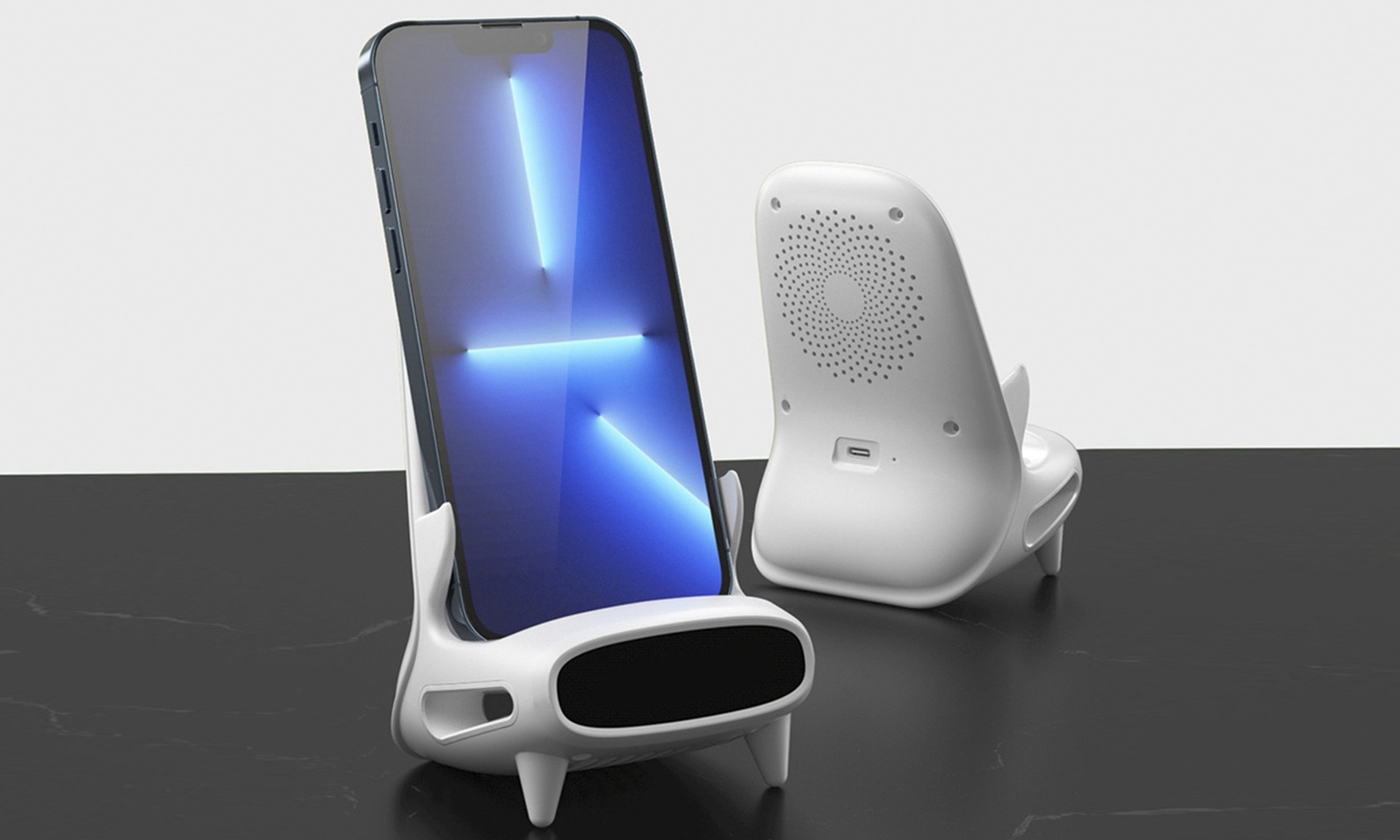 Stazione di ricarica wireless con amplificatore di suoni, per smartphone e tablet fino a 11''