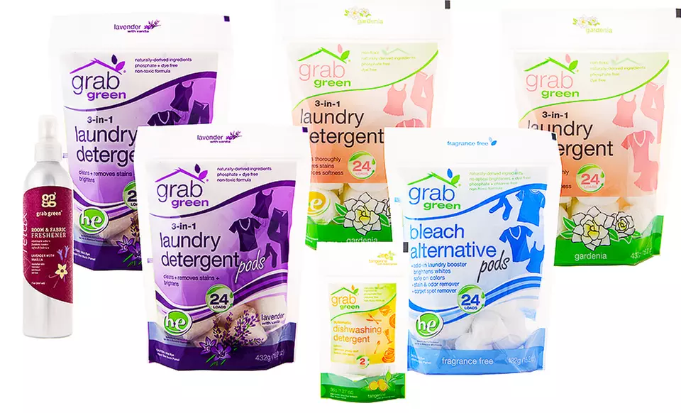 Grab Green Laundry Kit with 3-in-1 Detergents, Bleach Alternative, Fabric Freshener, and Bonus Dishwashing Detergent - Primary Image