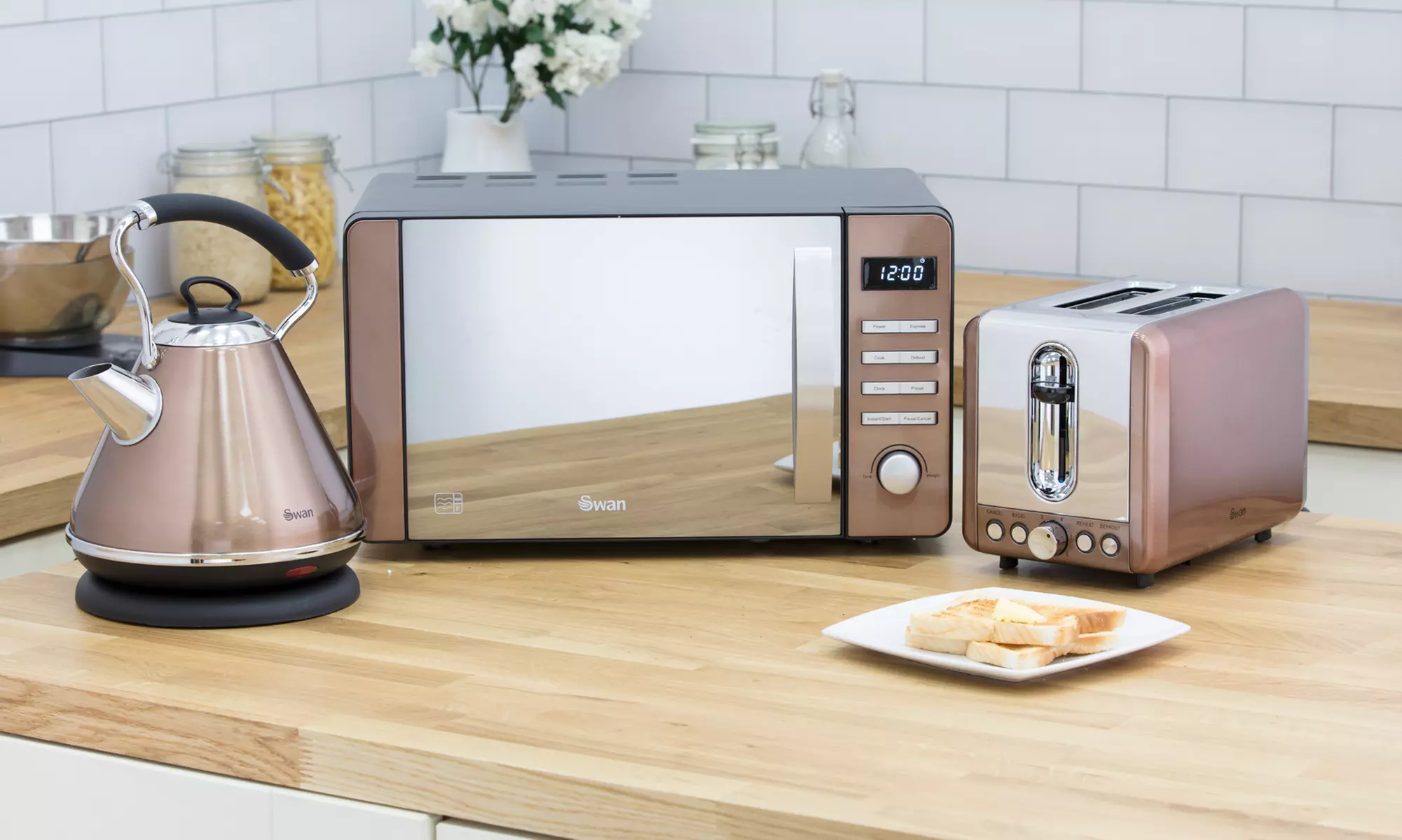 Swan Copper Townhouse Microwave, Pyramid Kettle and Two Slice Toaster - Primary Image