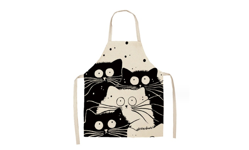 Image 3: Black and White Linen Cartoon Cat Printed Apron