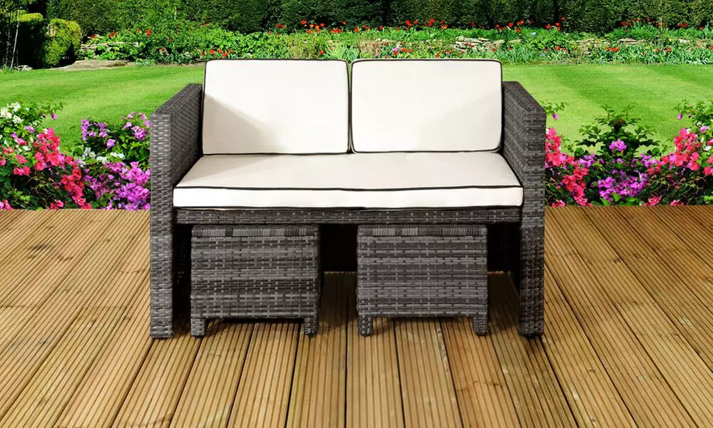 Seven-Piece Sofa and Stools Cube Rattan-Effect Set