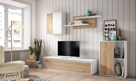 Parete da soggiorno, realizzata in legno melaminico, disponibile in 2 modelli