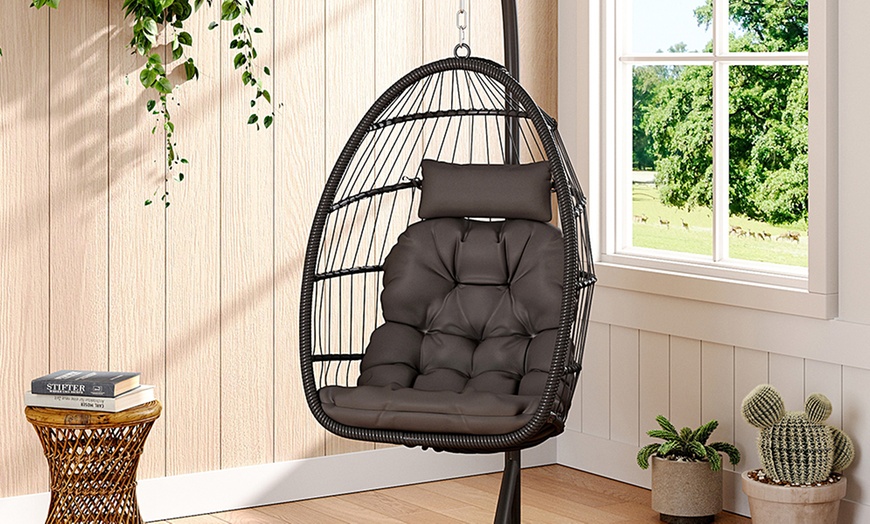 Image 35: Black Outdoor Hanging Egg Chair with Cushion