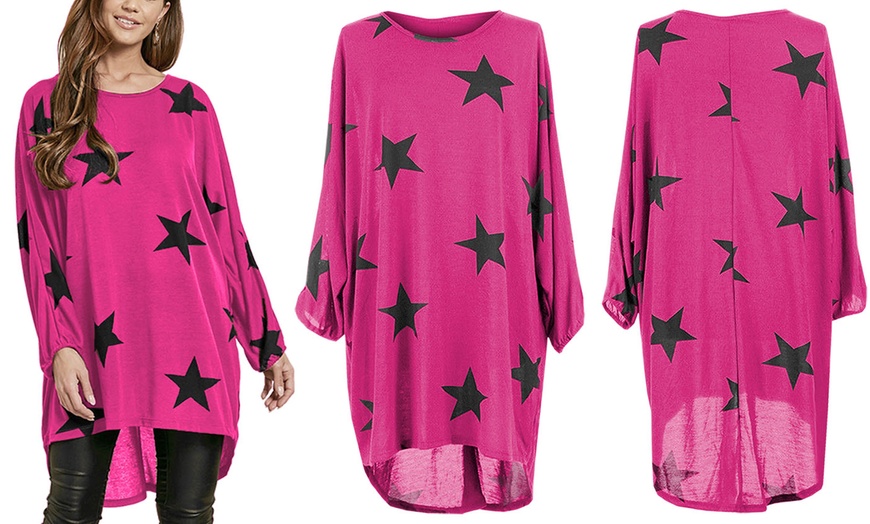 Image 2: Oversized Hi-Lo Star Print Batwing Top