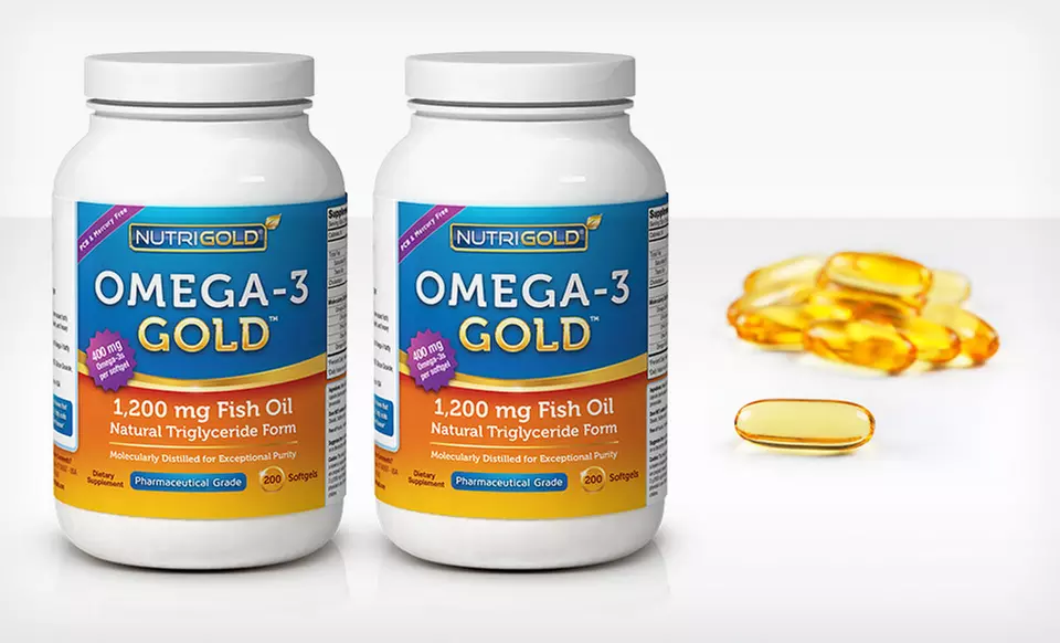 $19.99 for a 2-Pack of Nutrigold Omega-3 Gold 1200 Mg. Fish Oil Capsules ($59.90 List Price). Free Shipping. - Primary Image