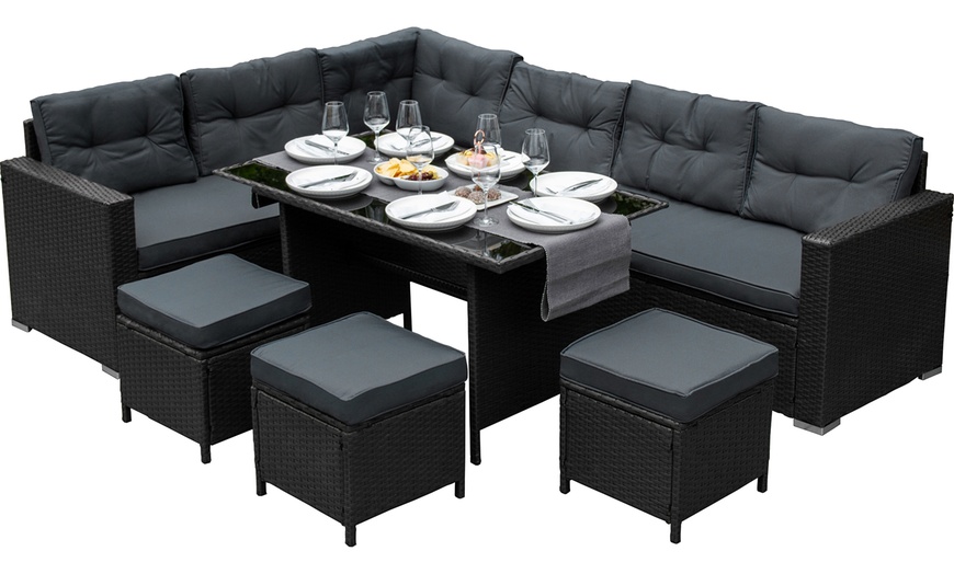 Image 2: Rattan Effect 9 Seater Corner Sofa with 3 Stools and Glass-Top Table