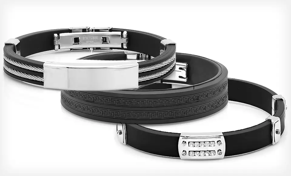 $9.99 for a Men’s Stainless Steel Rubber Bracelet ($100 List Price). 23 Styles Available. Free Returns.a - Primary Image