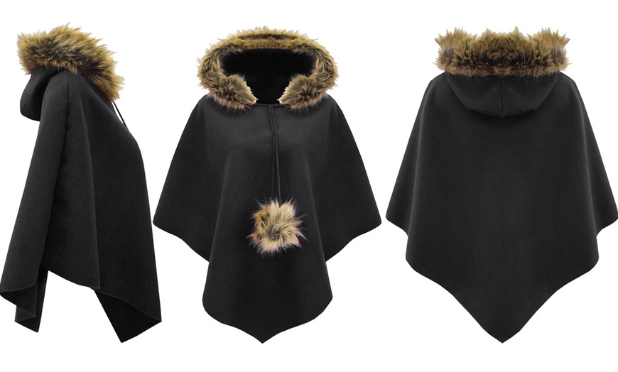 Image 8: Ladies Fur Trim Hooded Cape 