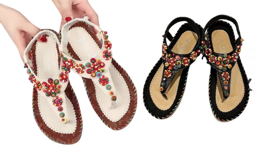 Image 1: Boho Beaded Toe Post Flip Flop Sandals