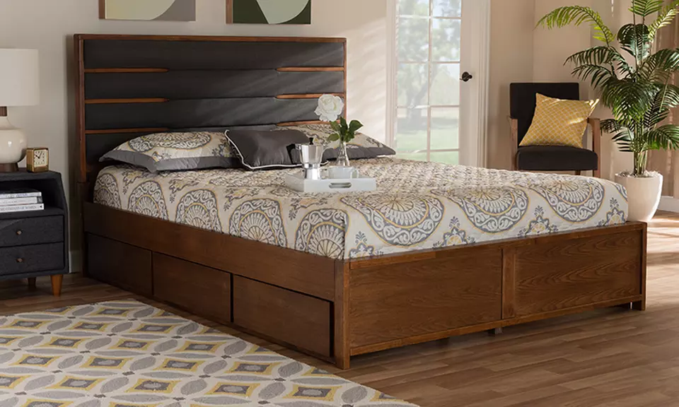 Elin Walnut Wood Queen Size Platform Storage Bed with Six Drawers - Primary Image