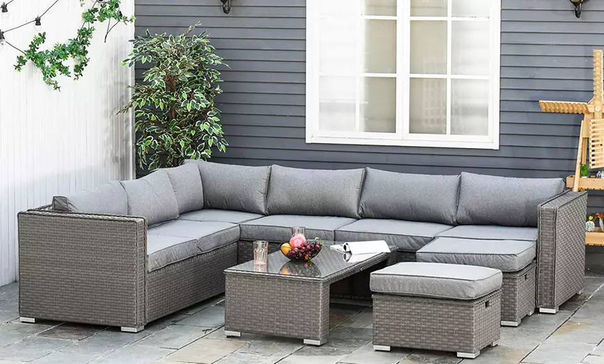 Image 5: Outsunny Six-Seater Rattan-Effect Corner Sofa Set