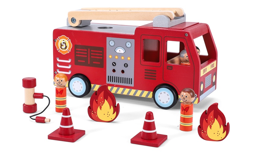 Image 1: SOKA Wooden Fire Engine Truck with Firefighter Figurines