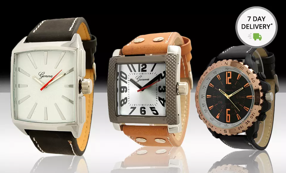 Geneva Faux Leather Vintage Men's Watches. Multiple Styles Available. Free Returns. - Primary Image