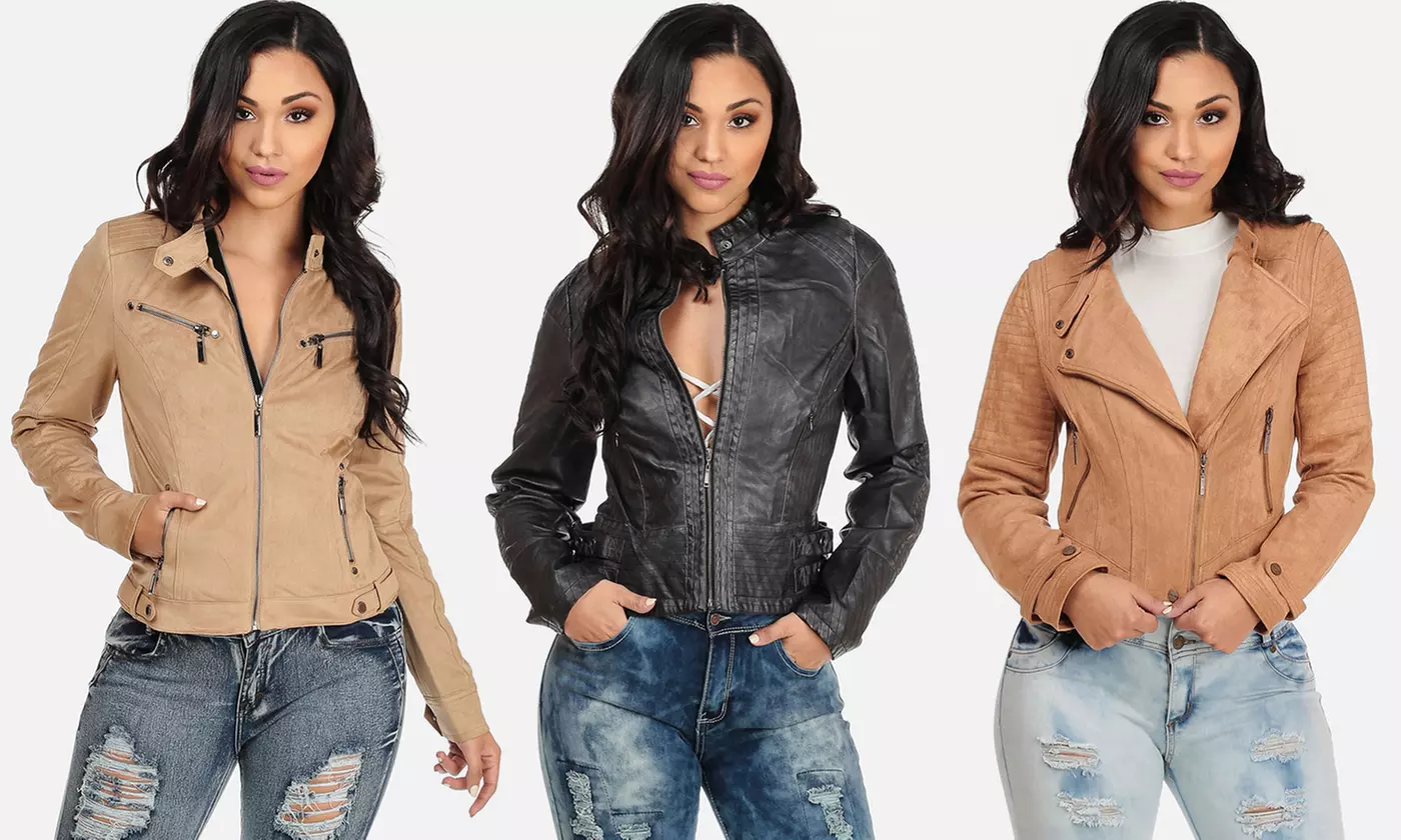 Women's Vegan Leather and Vegan Suede Biker Jackets - Primary Image