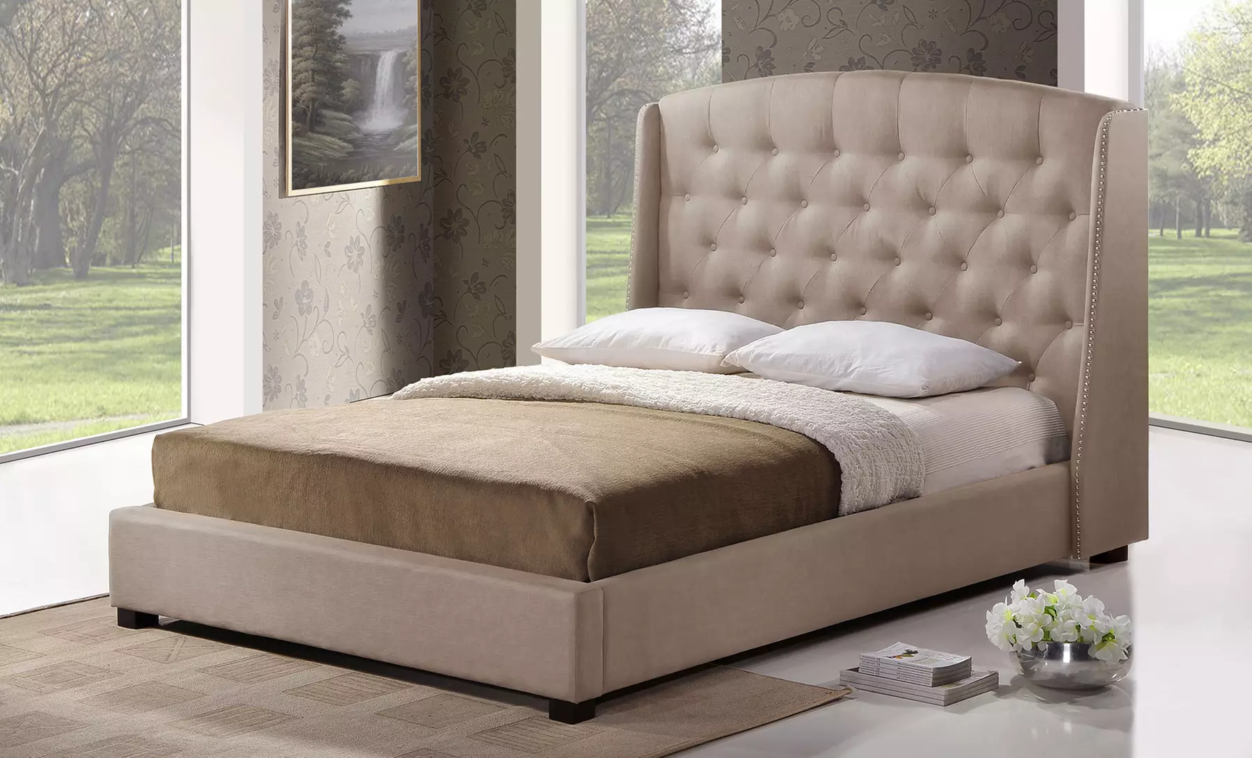 Tufted Wingback Upholstered Platform Bed in Beige Linen. Available in Queen or King Size. - Primary Image
