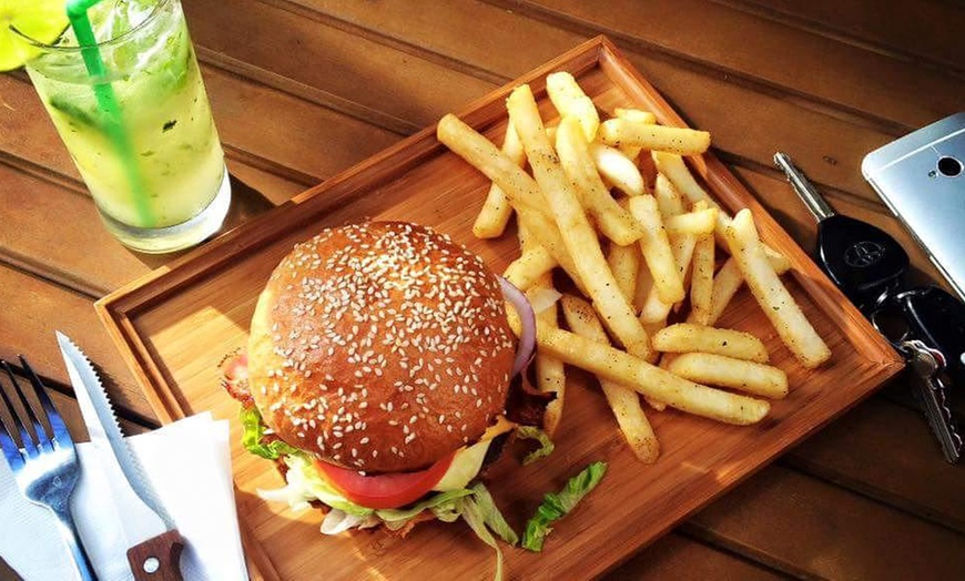 Image 1: Burger, Chips and Soft Drink