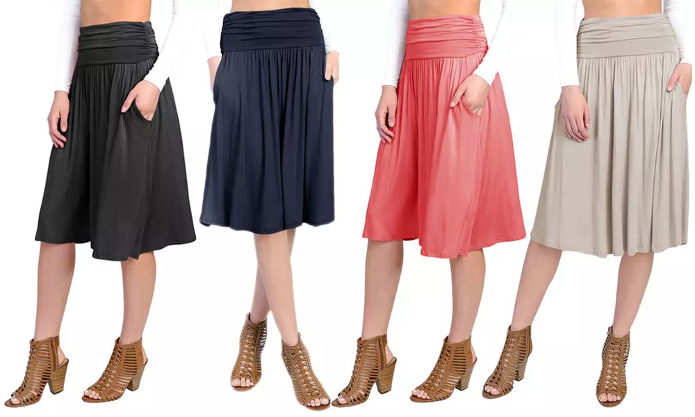 Fashion California Shirring Midi Flare Skater Skirt with Pockets - Primary Image