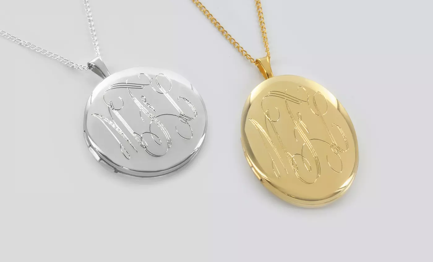 Personalized Monogram Locket Necklace from Monogram Online. Multiple Options Available from $29.99–$34.99. - Primary Image
