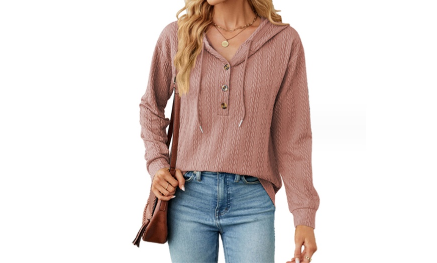 Image 9: Women's Hooded Button Up Long Sleeve Sweater Top