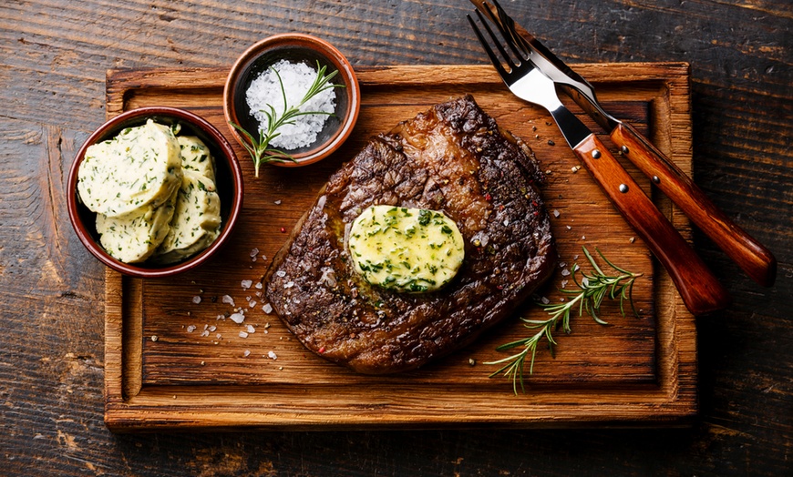 Image 1: Steak, Chips and Glass of Wine
