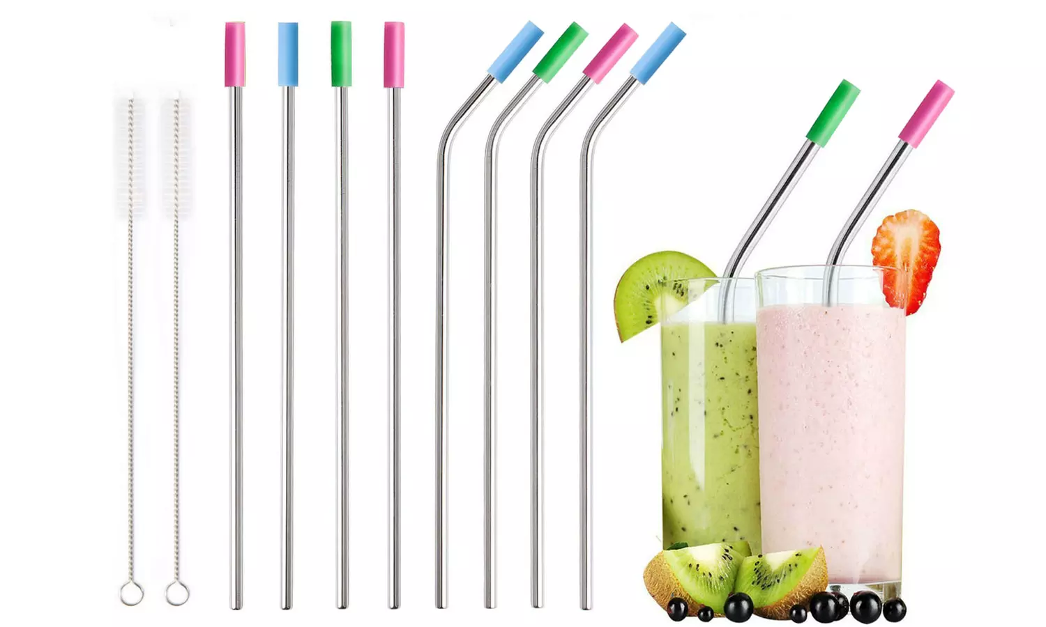 Stainless Steel Extra Wide Drinking Straws with Colored Silicone Tops - Primary Image