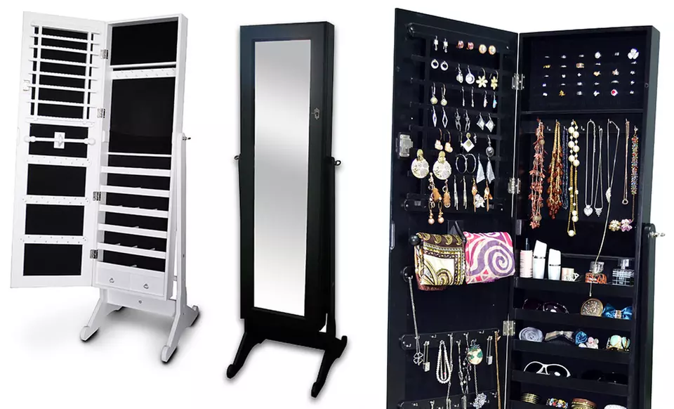 Bella Standing Mirror with Jewelry Cabinet in Black or White - Primary Image