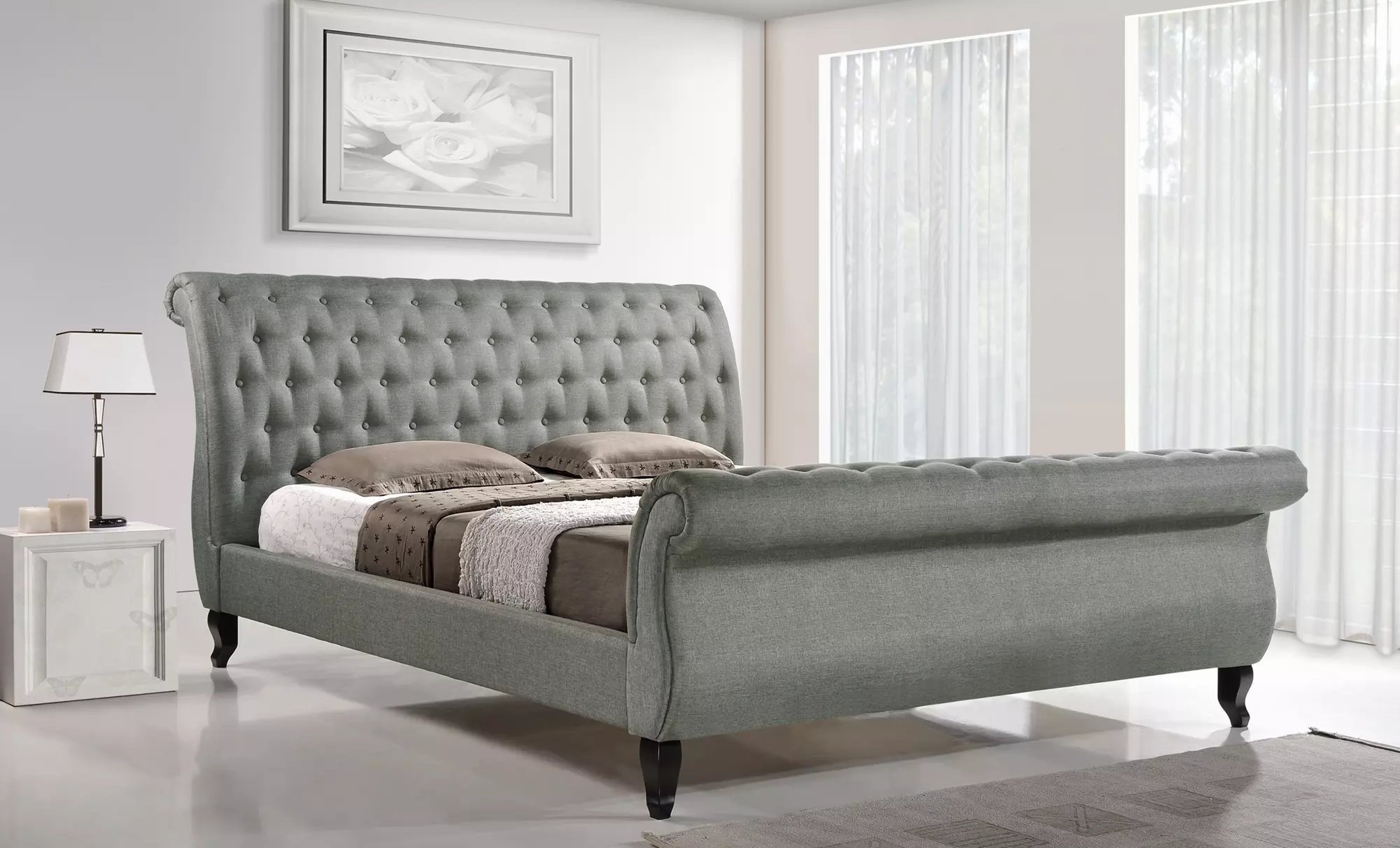 Marietta Upholstered Button-Tufted Sleigh Bed - Primary Image