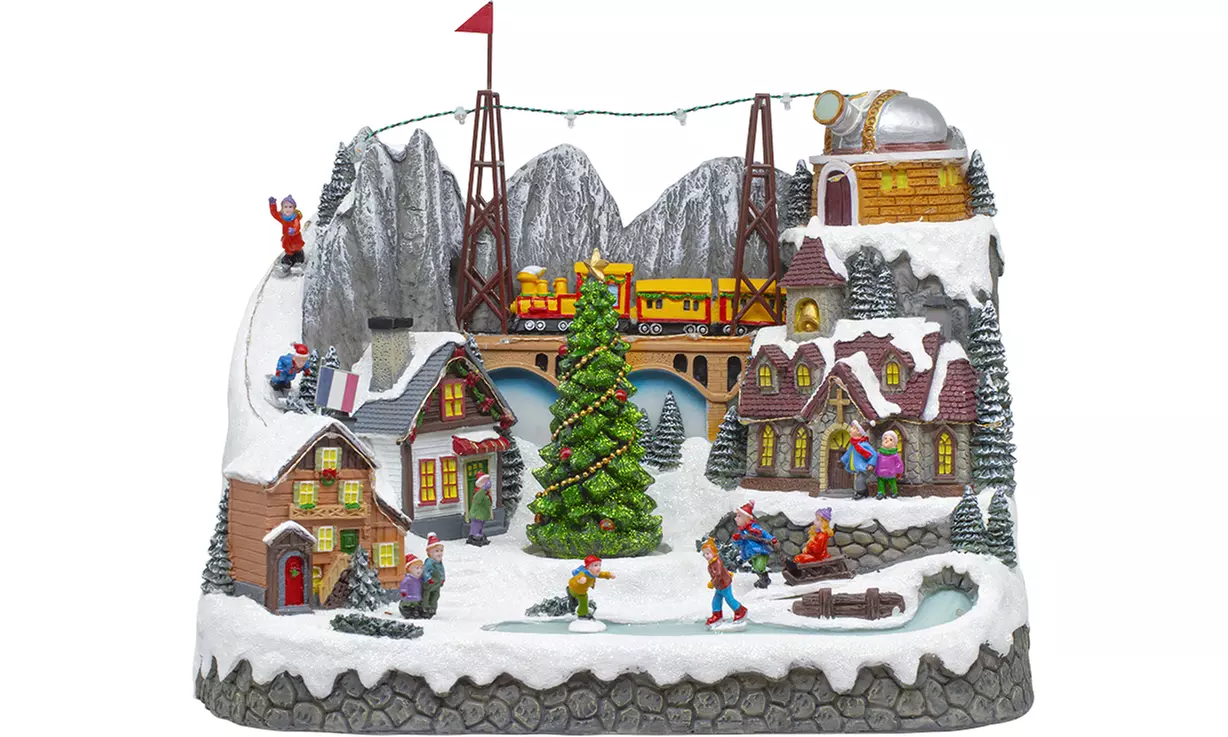 Adorno navideño "Aldea de Navidad" con luces de colores y melodía