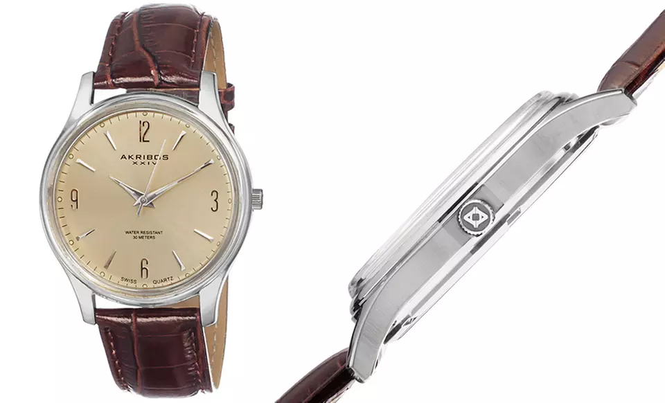 Akribos XXIV Swiss Men's Leather-Strap Watches﻿ in Black, Brown, Silver Tone, or Gold Tone. Free Returns.  - Second Medium